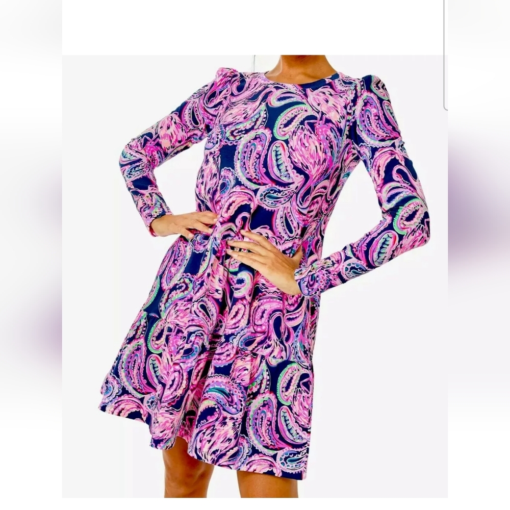 Lilly Pulitzer UPF 50+ size SM Arlette Dress High Tide Navy Flock to The Top